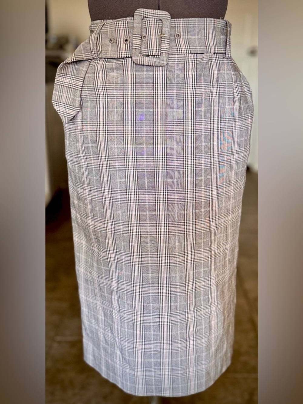 Vintage Grey Plaid Checkered Belted Pencil Skirt Midi Y2K S